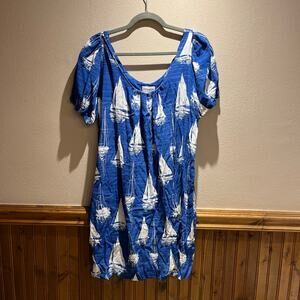 Pepaloves Short Sleeve Sailboat Print Dress Sz S Blue White Nautical Coastal